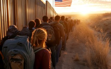 Immigrants with backpacks walking in line along the us mexico border wall at sunset, seeking asylum or new opportunities