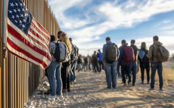 Immigrants with backpacks waiting in line along border wall with american flag, seeking asylum or new life